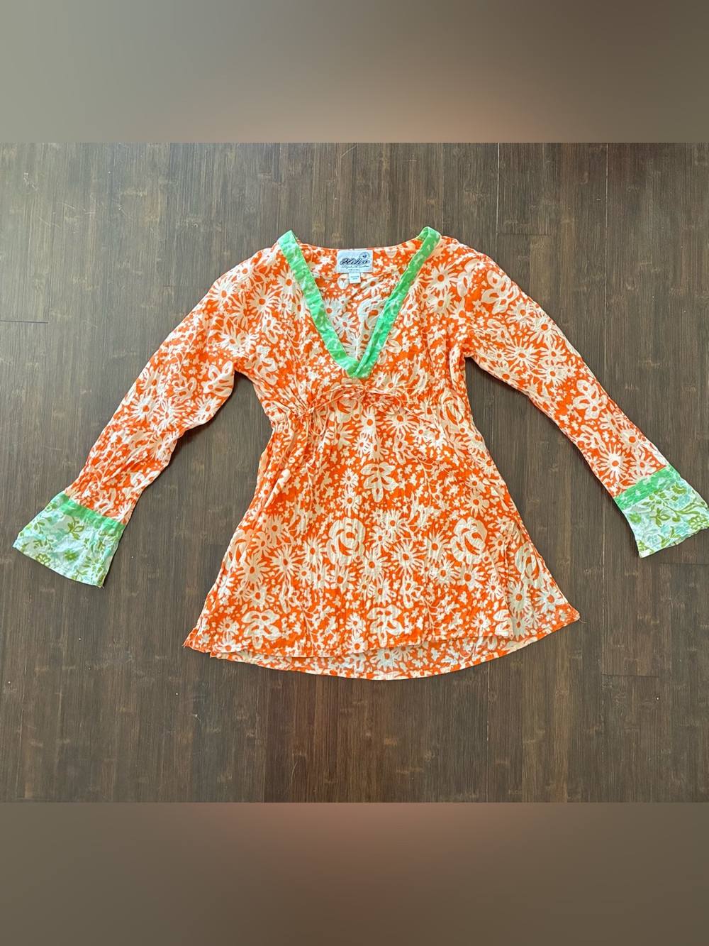 Hiho Orange Floral V-Neck Tunic with Green Trim, Sz S